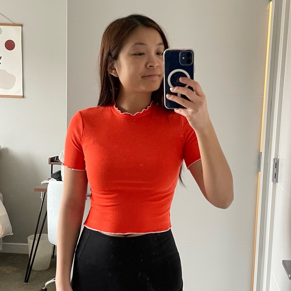 Orange lettuce sleeve Zara mock neck crop top